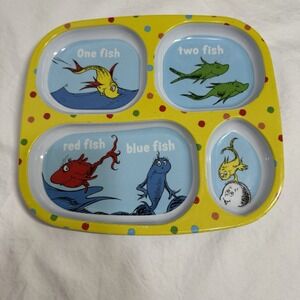 Dr Seuss One Fish Two Fish Melamine Plastic Divided Kids Plate Dots Yellow Blue